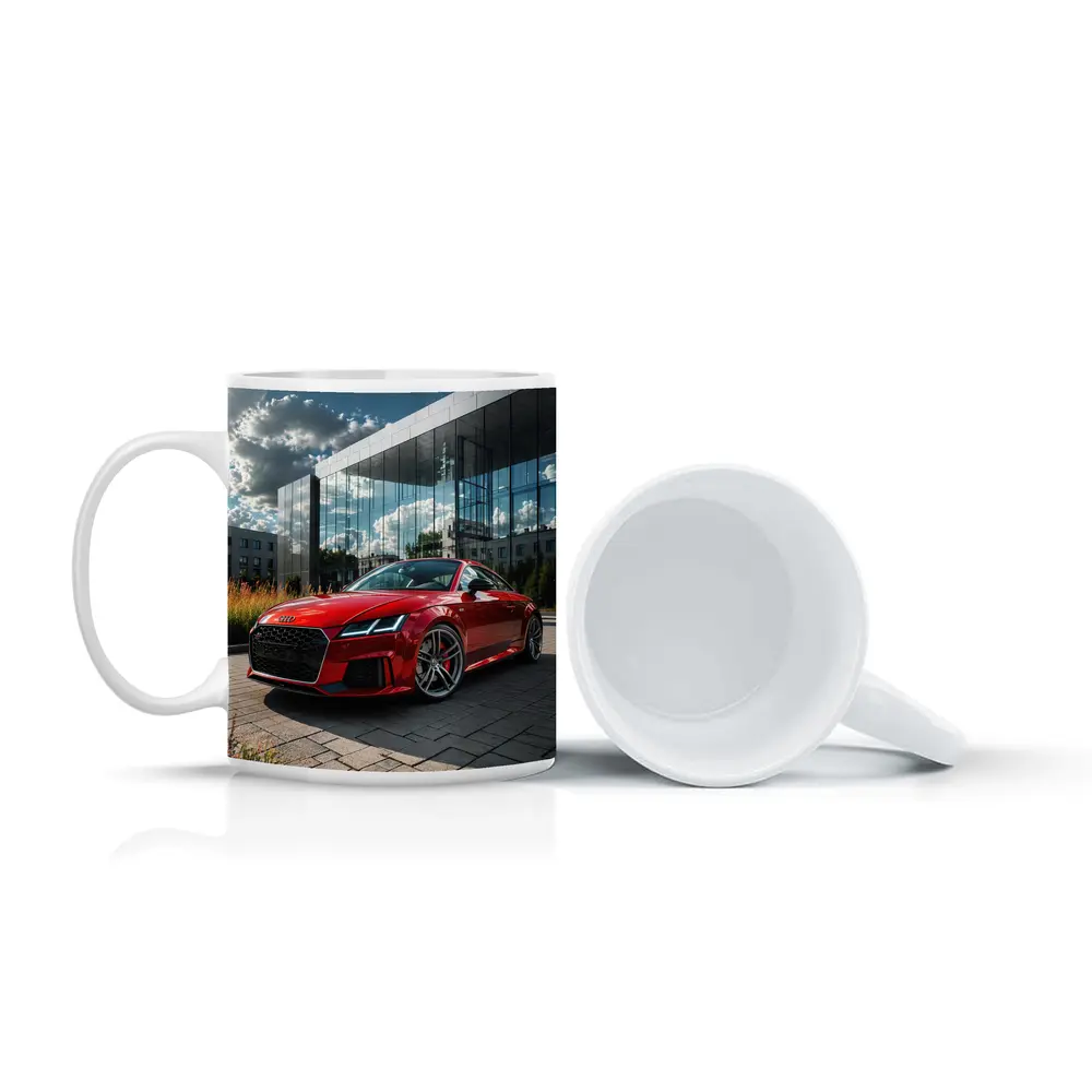 Audi TT Red Coupe Modern Building Background – Mugs