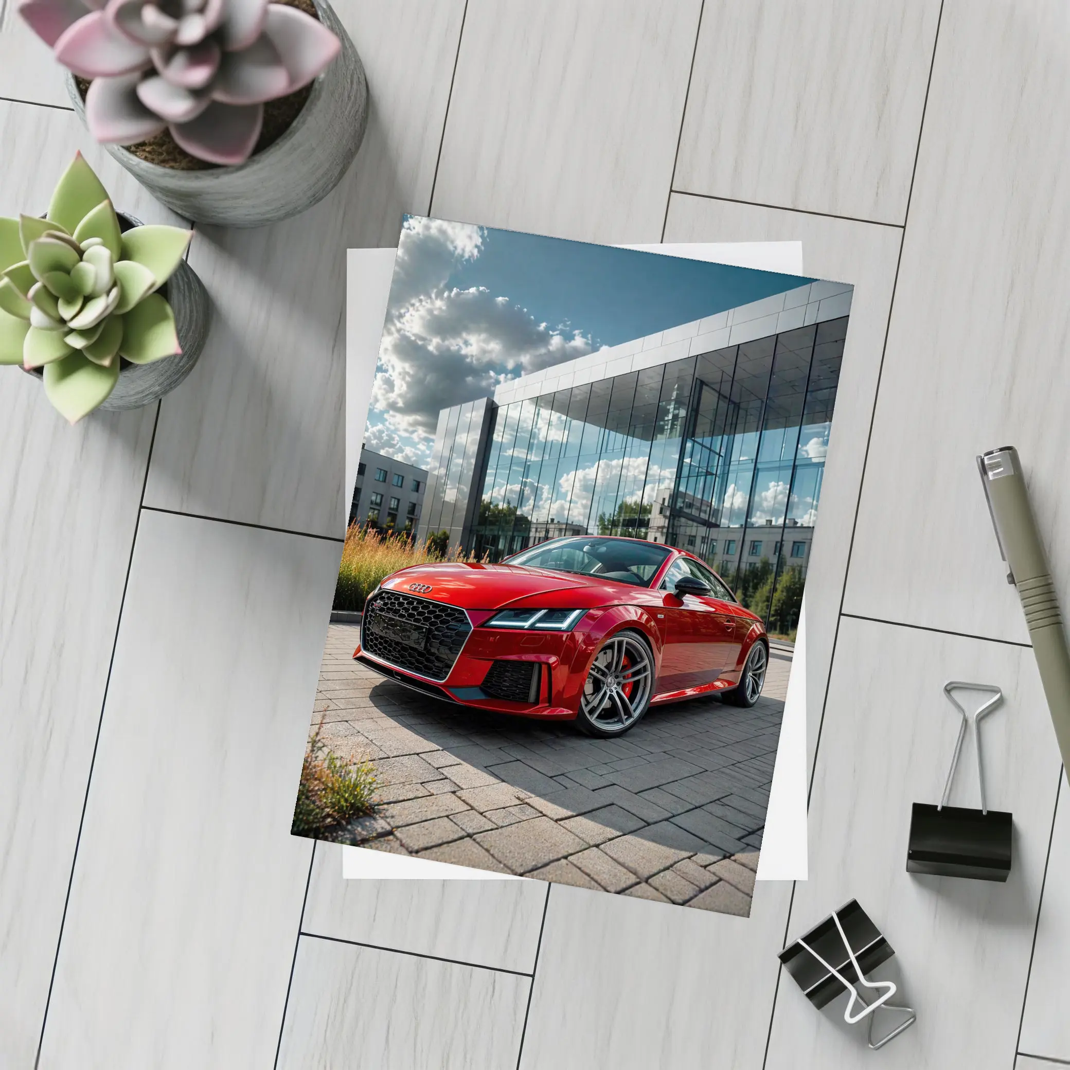 Audi TT Red Coupe Modern Building Background – Postcards