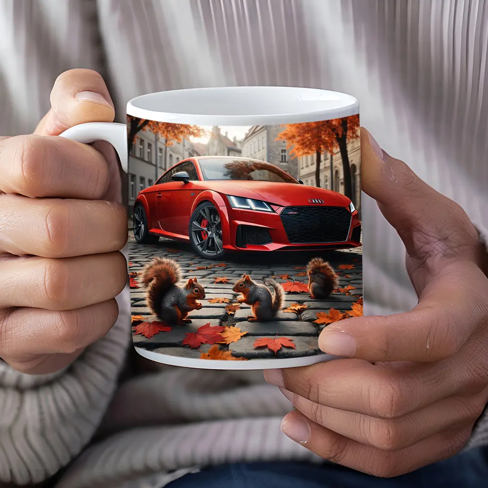 Red Audi TT Squirrels Autumn Cobblestone Street – Mugs