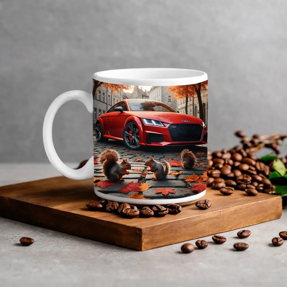 Red Audi TT Squirrels Autumn Cobblestone Street – Mugs