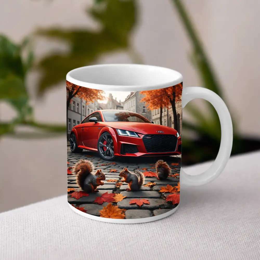 Red Audi TT Squirrels Autumn Cobblestone Street – Mugs