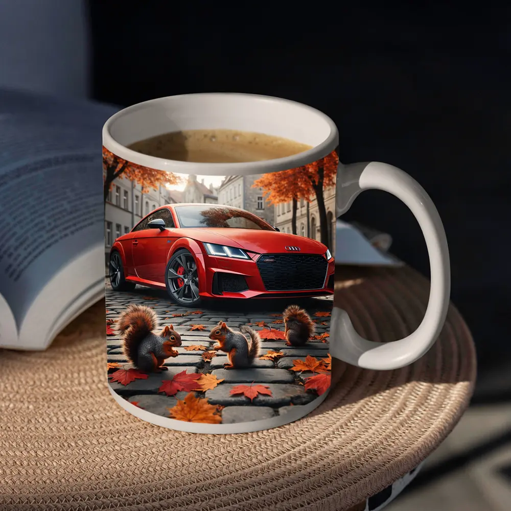 Red Audi TT Squirrels Autumn Cobblestone Street – Mugs