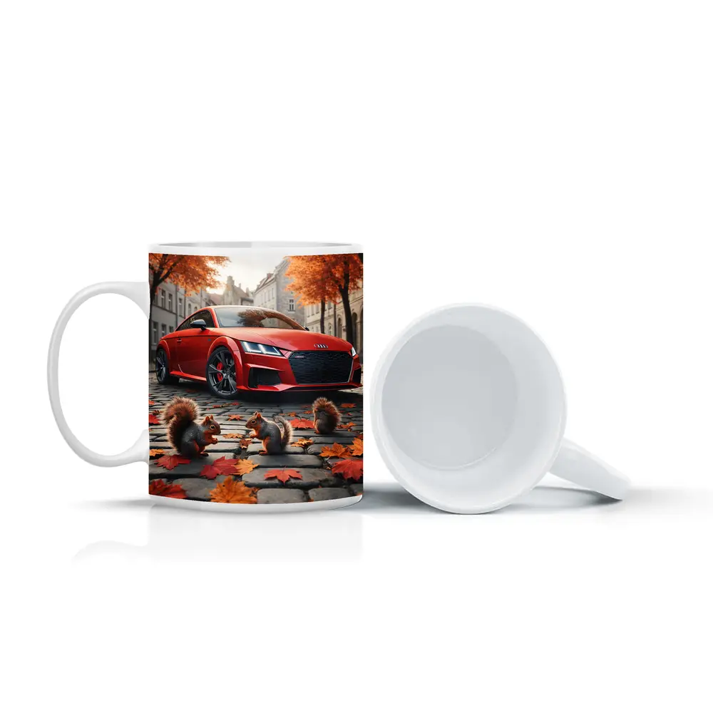 Red Audi TT Squirrels Autumn Cobblestone Street – Mugs