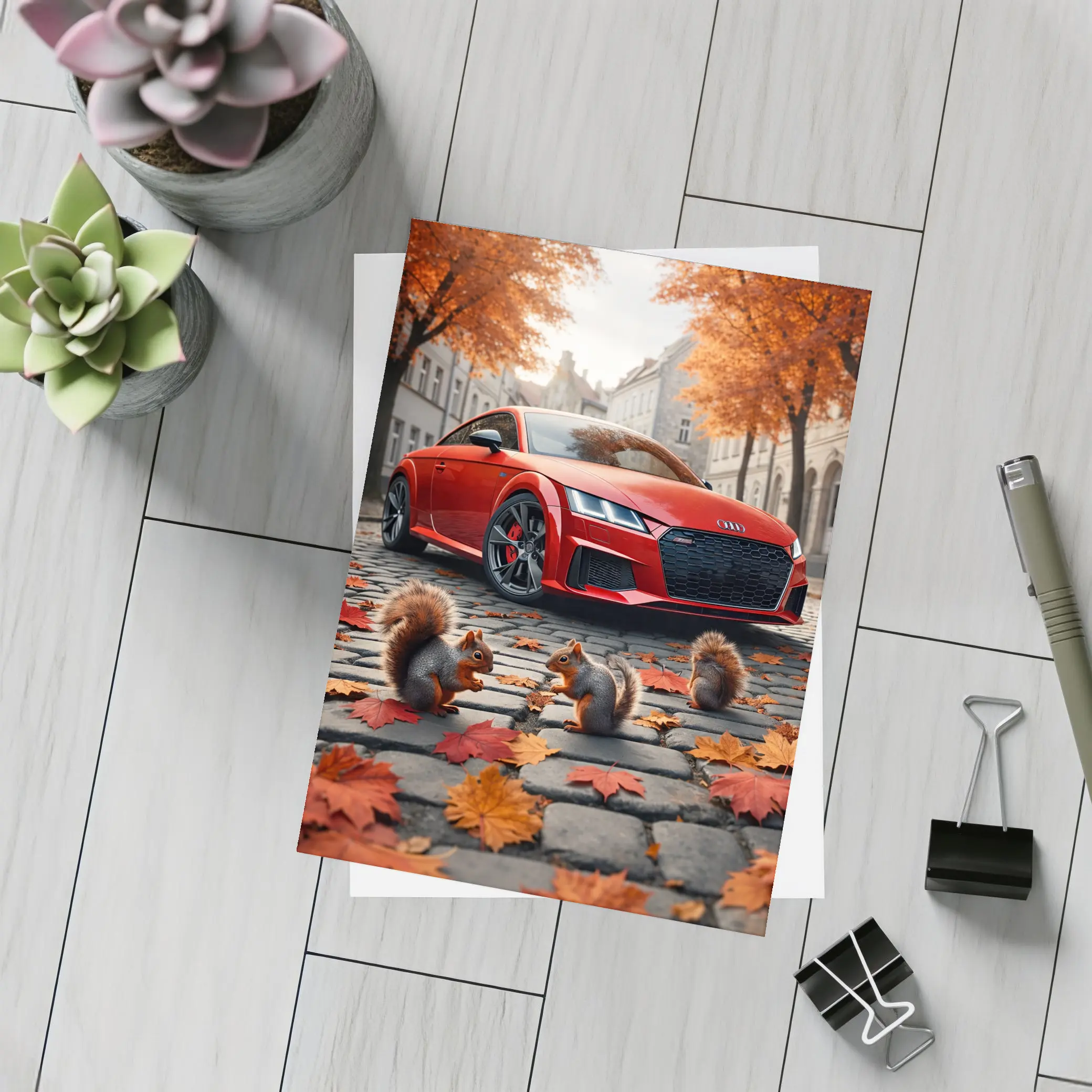 Red Audi TT Squirrels Autumn Cobblestone Street – Postcards