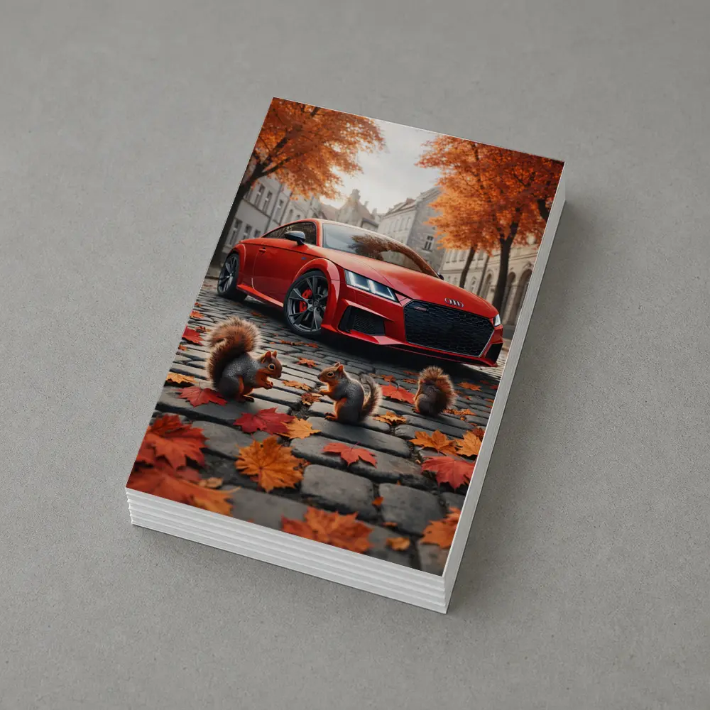 Red Audi TT Squirrels Autumn Cobblestone Street – Postcards