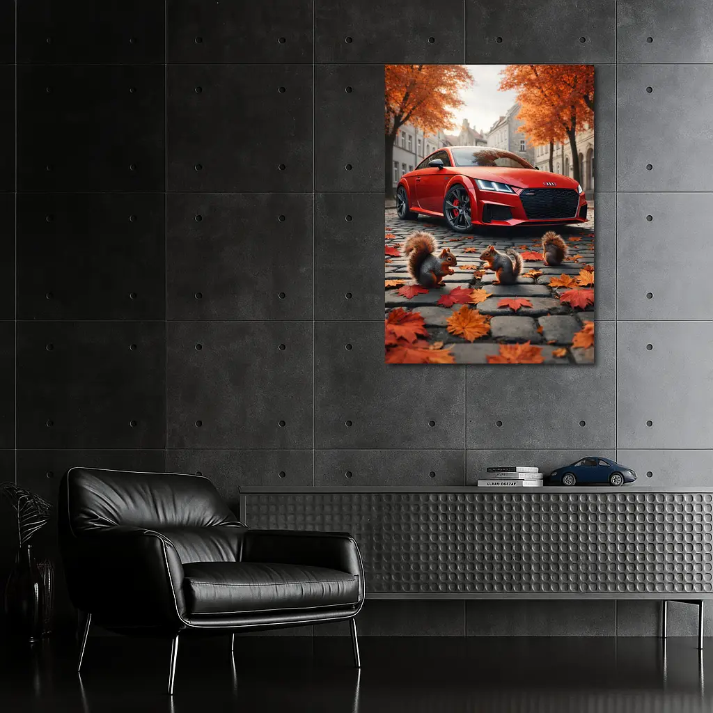 Red Audi TT Squirrels Autumn Cobblestone Street – Wall Art