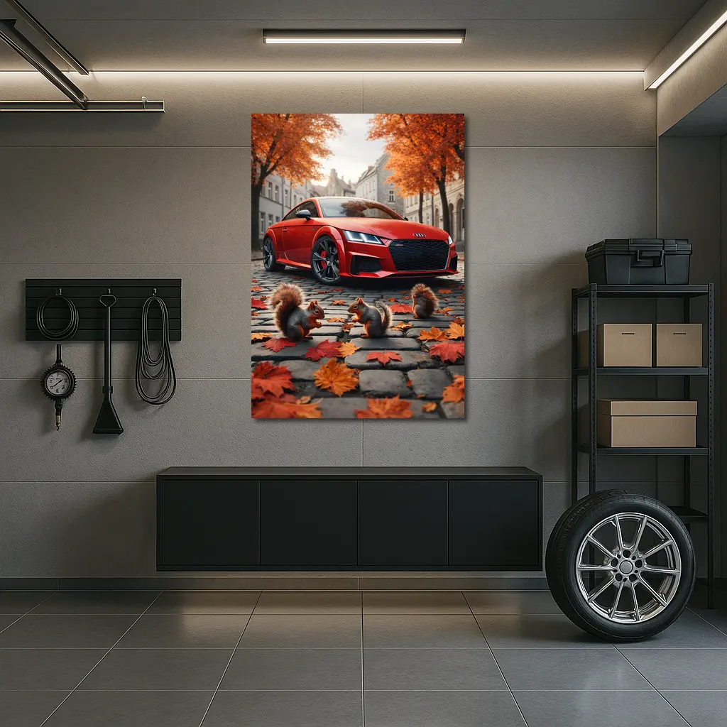 Red Audi TT Squirrels Autumn Cobblestone Street – Wall Art