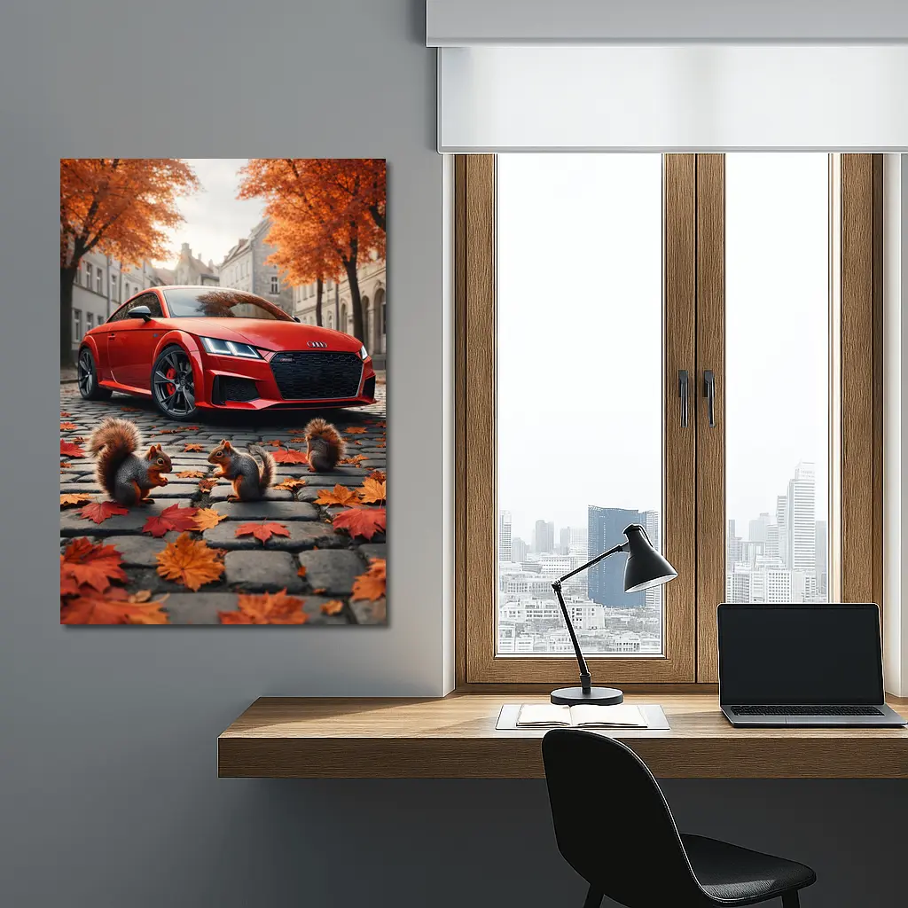 Red Audi TT Squirrels Autumn Cobblestone Street – Wall Art