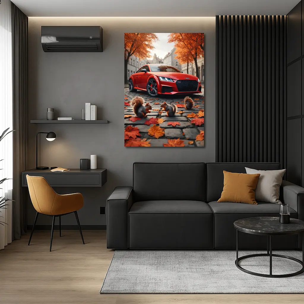 Red Audi TT Squirrels Autumn Cobblestone Street – Wall Art