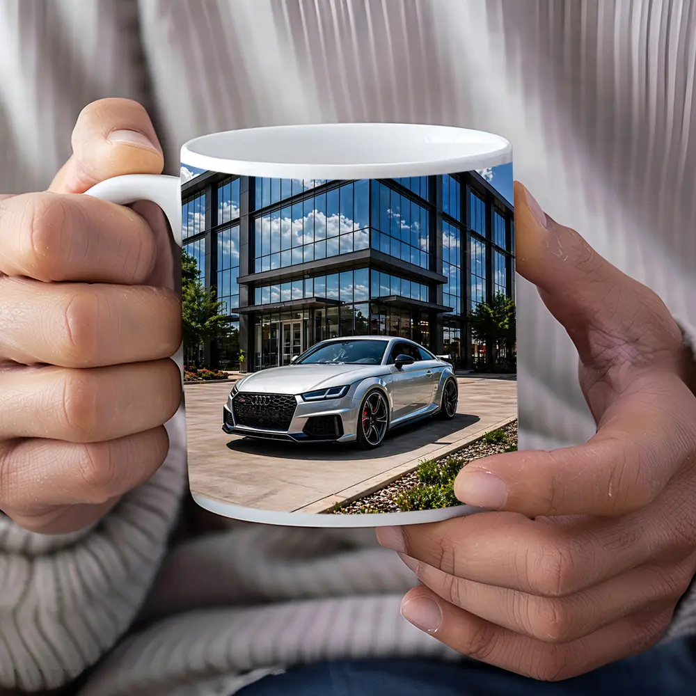 Audi TT RS Silver Outside Glass Building – Mugs