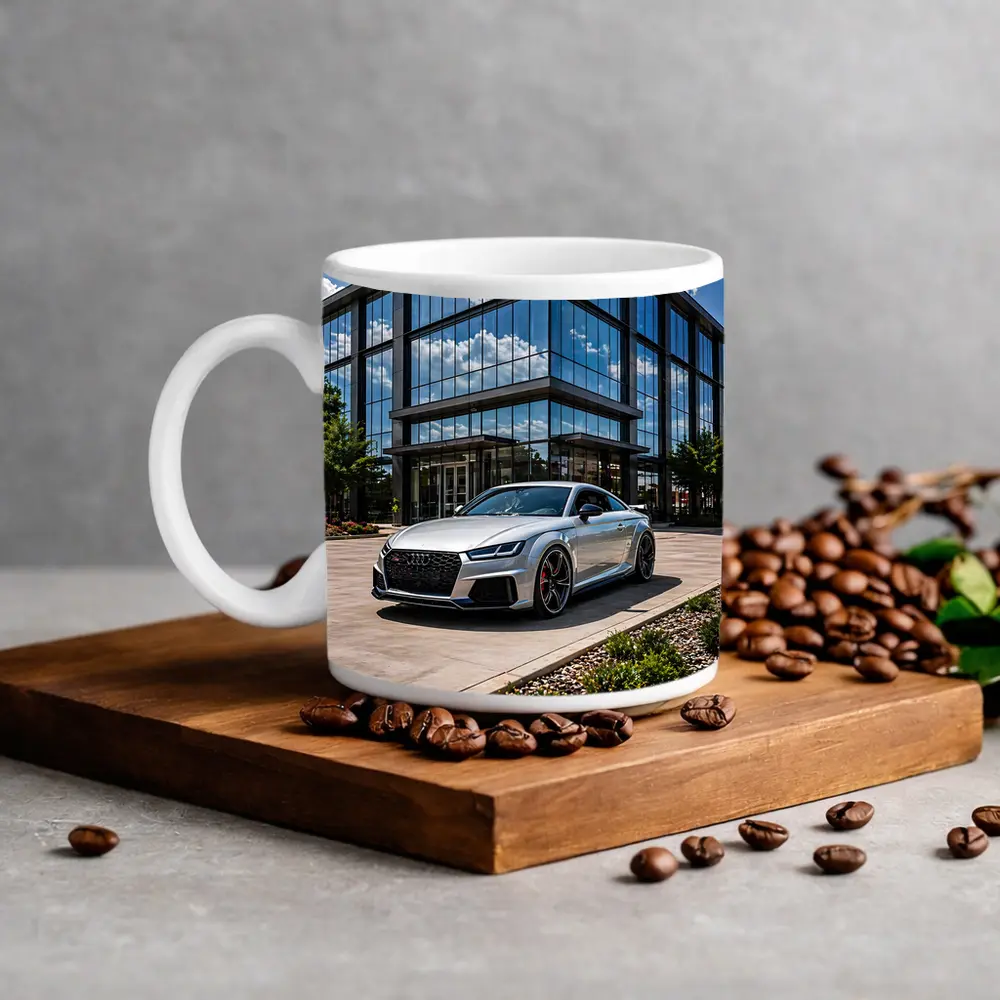 Audi TT RS Silver Outside Glass Building – Mugs