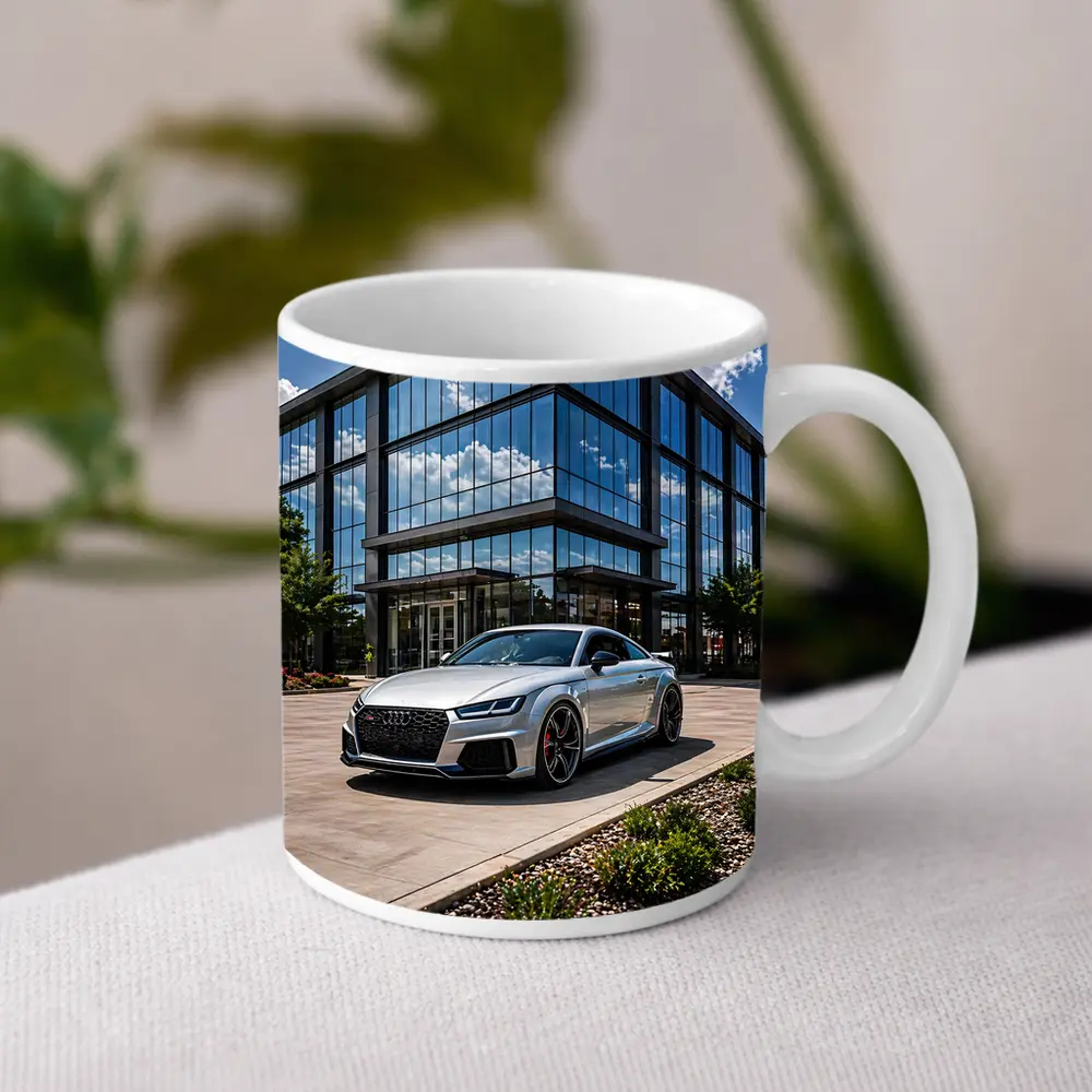 Audi TT RS Silver Outside Glass Building – Mugs