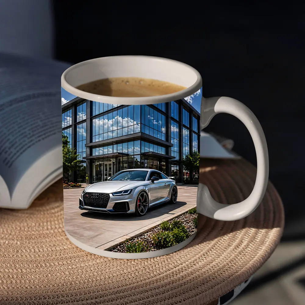 Audi TT RS Silver Outside Glass Building – Mugs