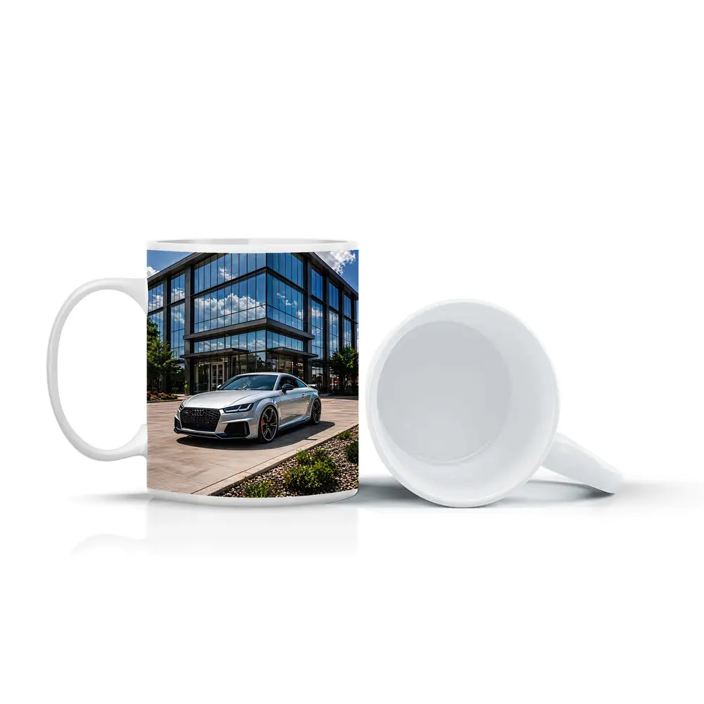 Audi TT RS Silver Outside Glass Building – Mugs