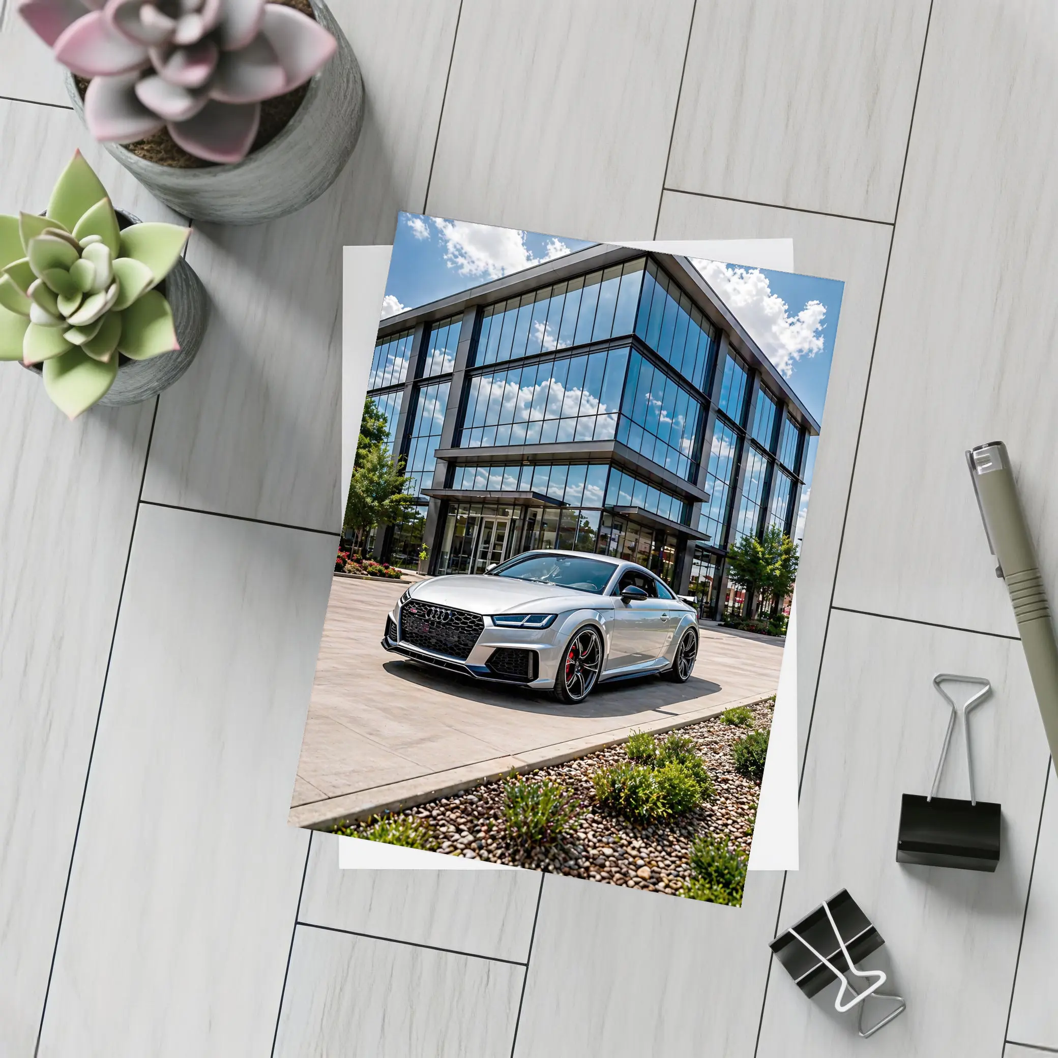 Audi TT RS Silver Outside Glass Building – Postcards