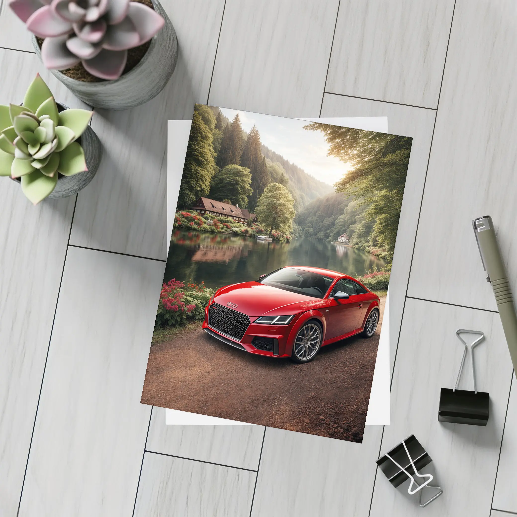 Audi TT RS Red Coupe Forest River – Postcards