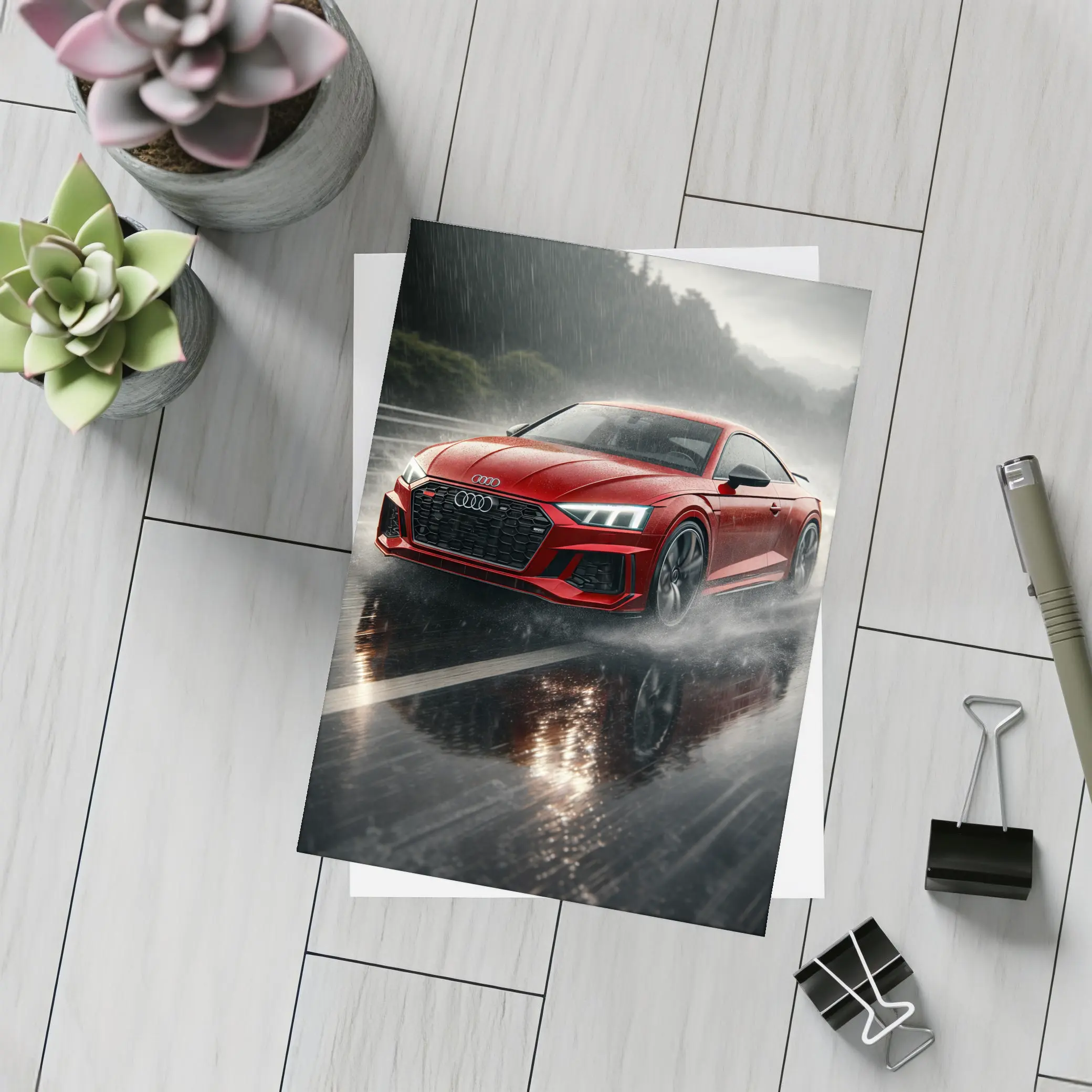 Audi RS5 Red Coupe Rainy Road Drive – Postcards