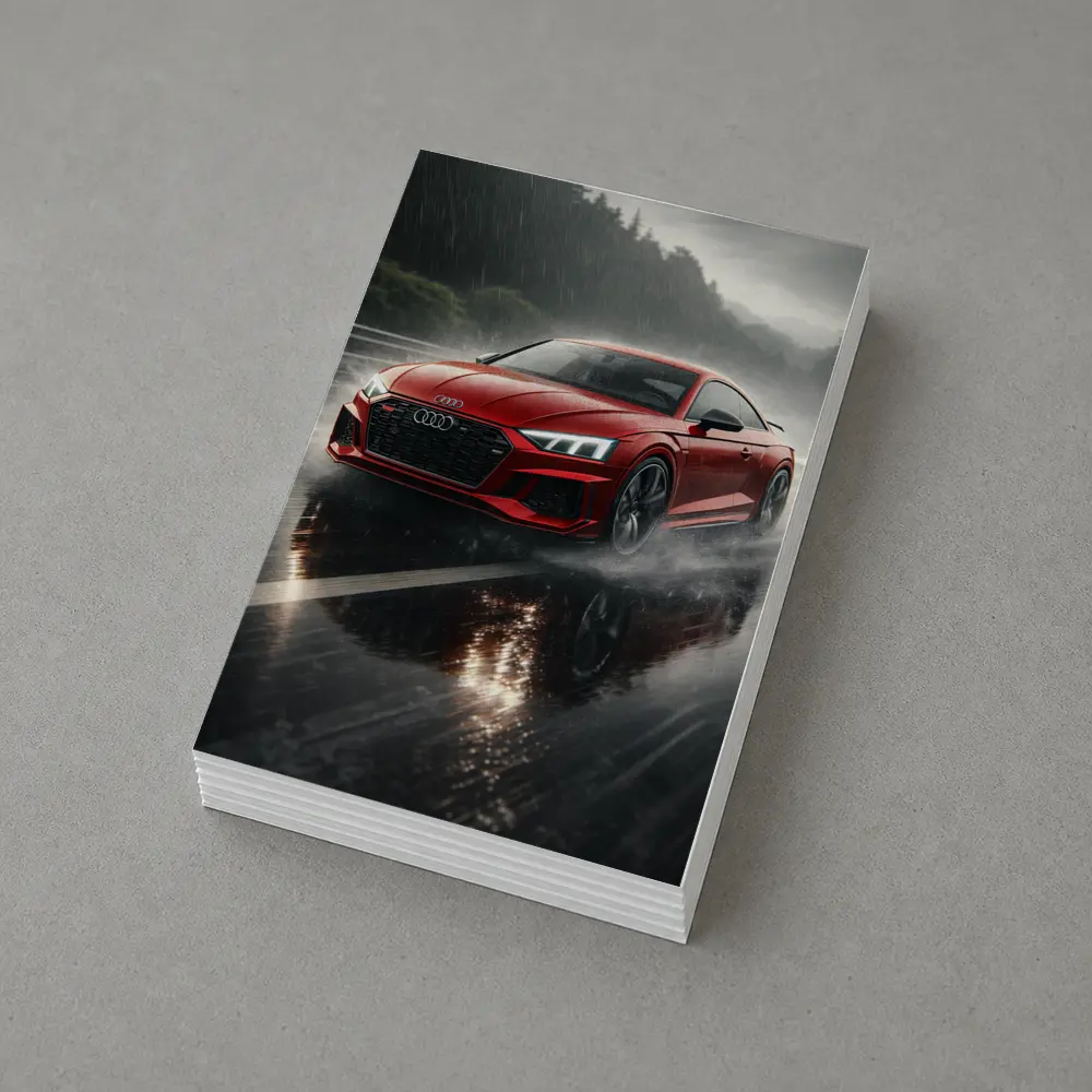 Audi RS5 Red Coupe Rainy Road Drive – Postcards