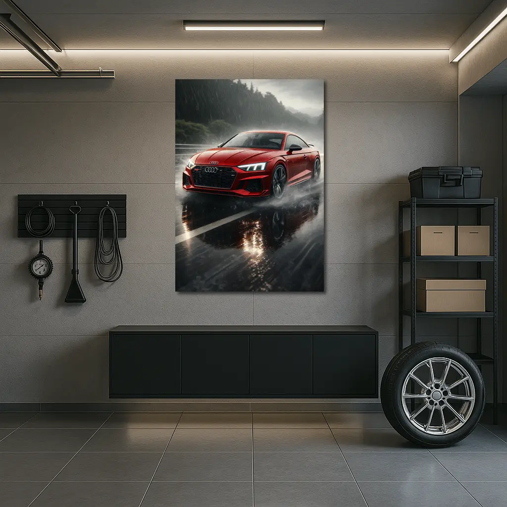 Audi RS5 Red Coupe Rainy Road Drive – Wall Art