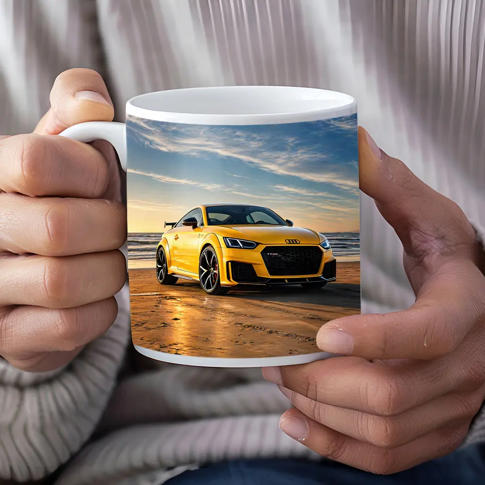 Audi TT RS Yellow On Beach Shore – Mugs