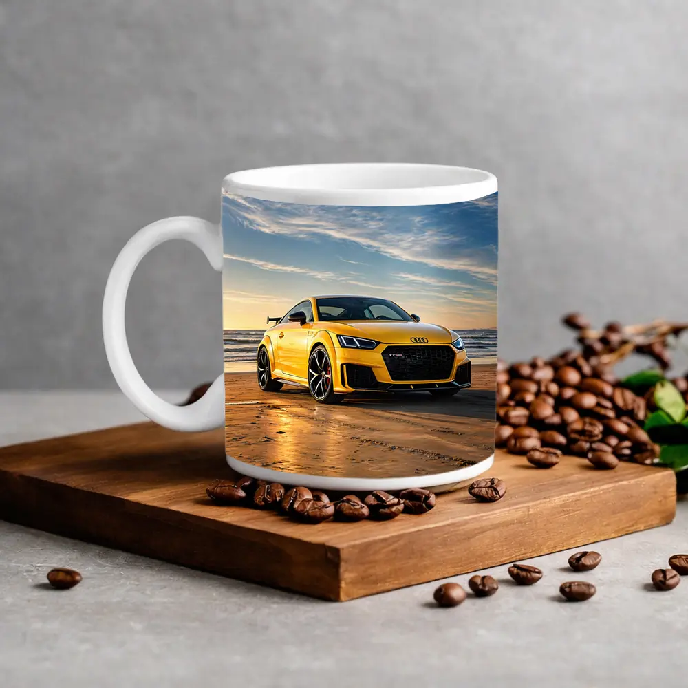 Audi TT RS Yellow On Beach Shore – Mugs