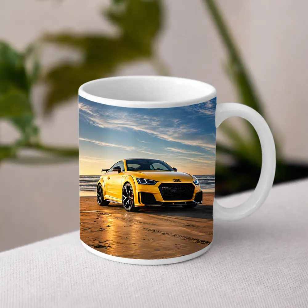 Audi TT RS Yellow On Beach Shore – Mugs