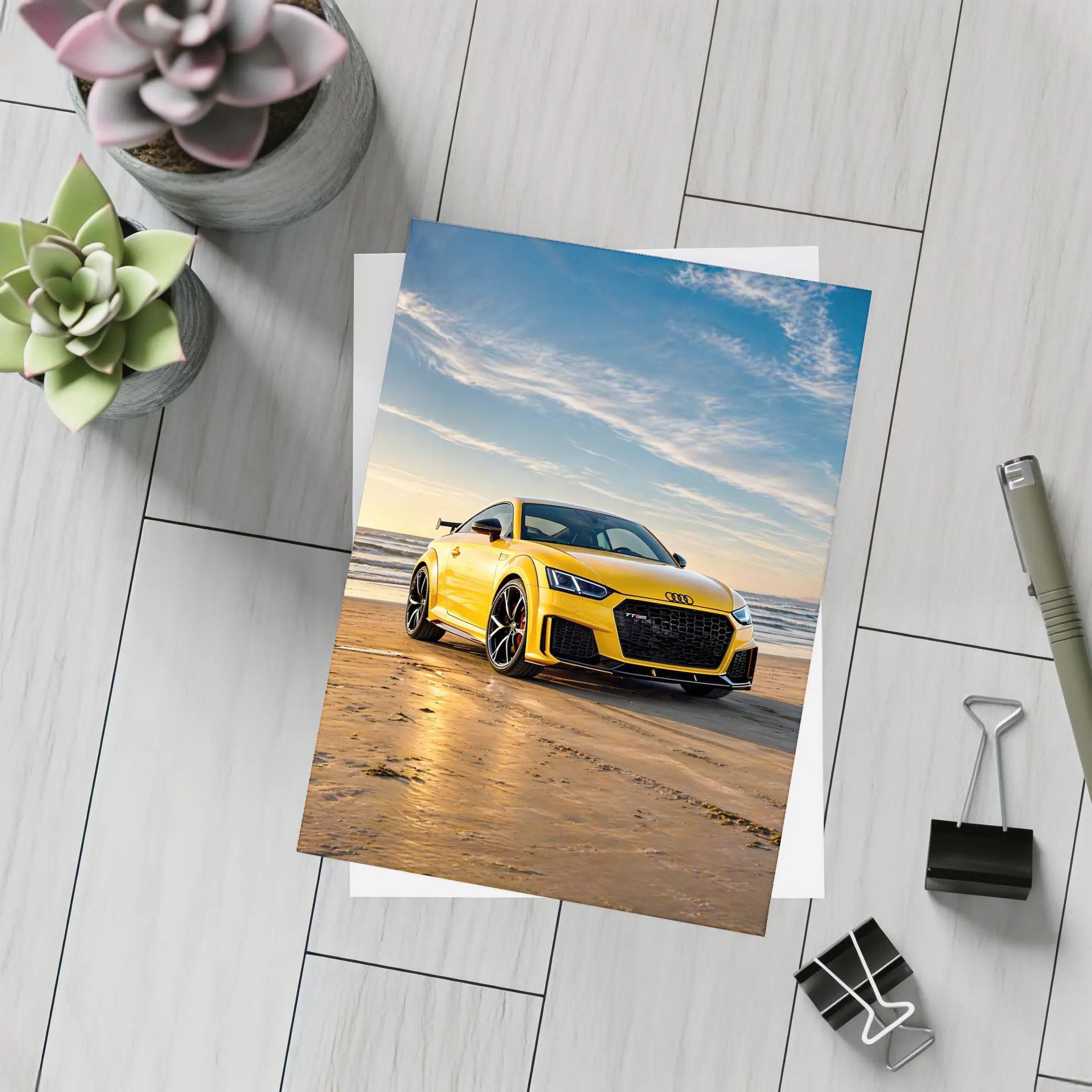 Audi TT RS Yellow On Beach Shore – Postcards
