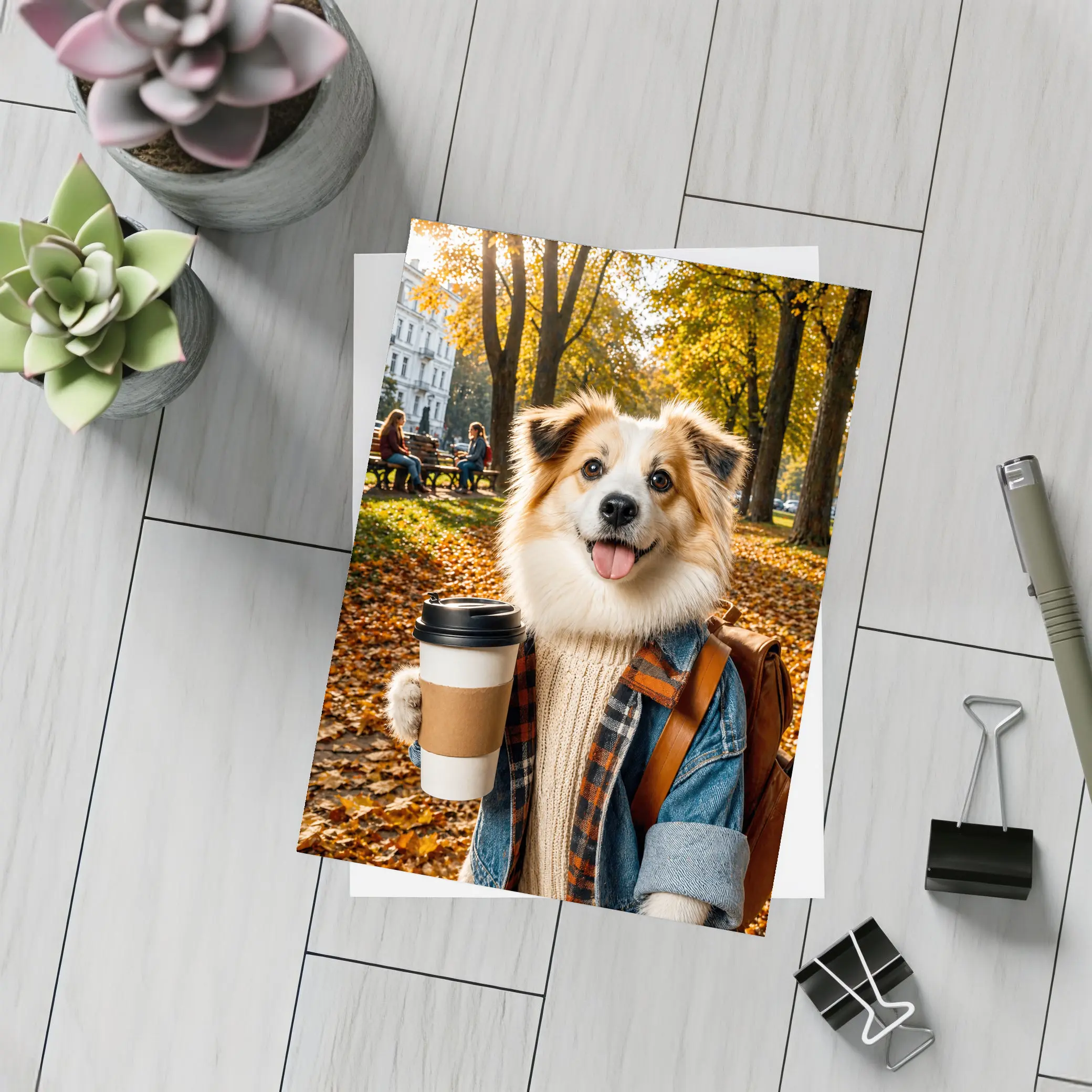 Collie Dog Coffee Autumn Park Scene – Postcards