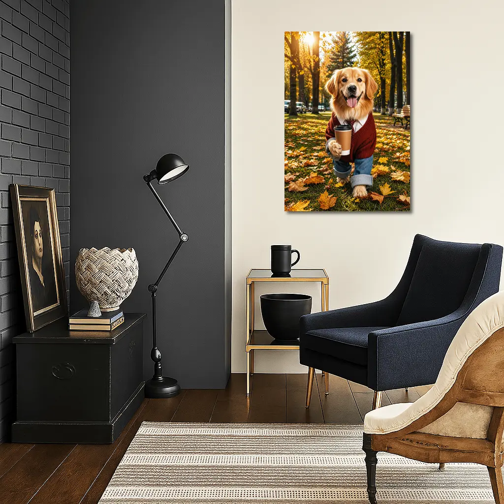 Golden Retriever Sweater Coffee Autumn Park – Wall Art