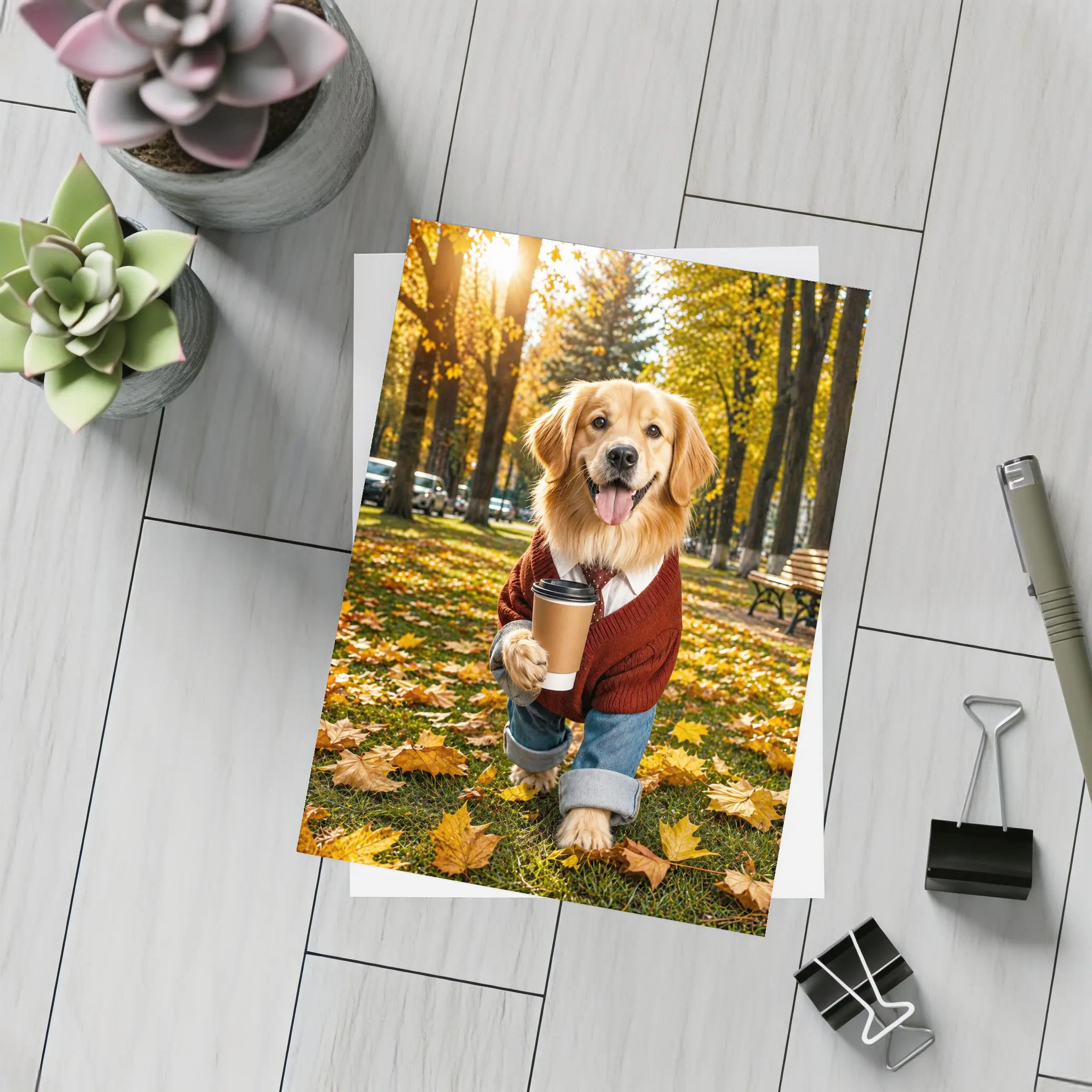 Golden Retriever Sweater Coffee Autumn Park – Postcards