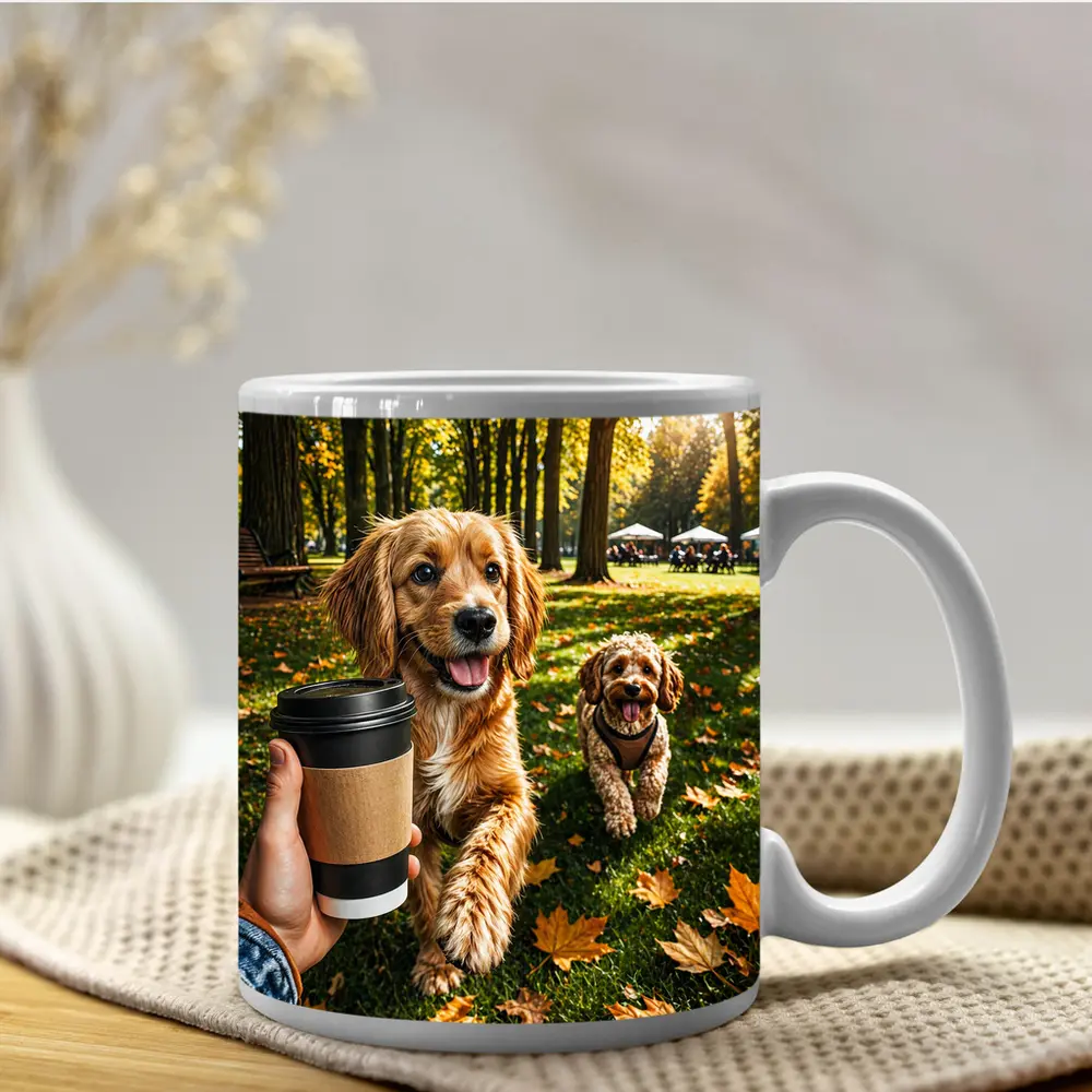 Two Happy Dogs in Autumn Park – Mugs