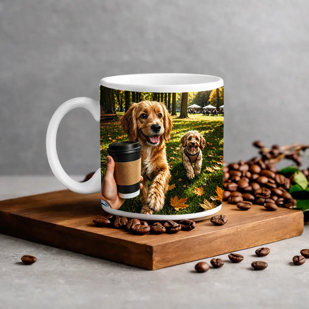 Two Happy Dogs in Autumn Park – Mugs