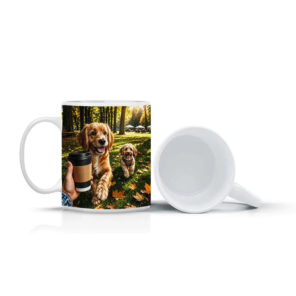 Two Happy Dogs in Autumn Park – Mugs