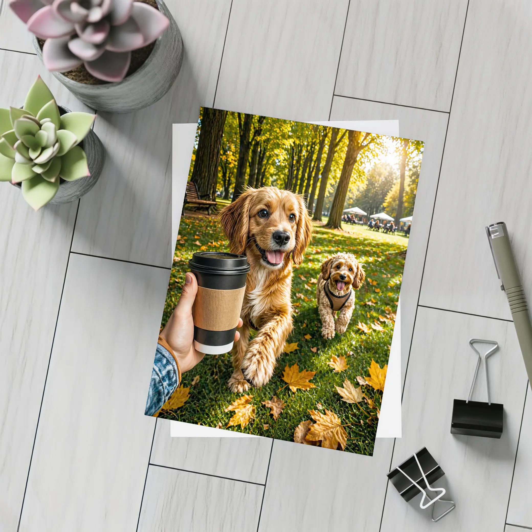 Two Happy Dogs in Autumn Park – Postcards