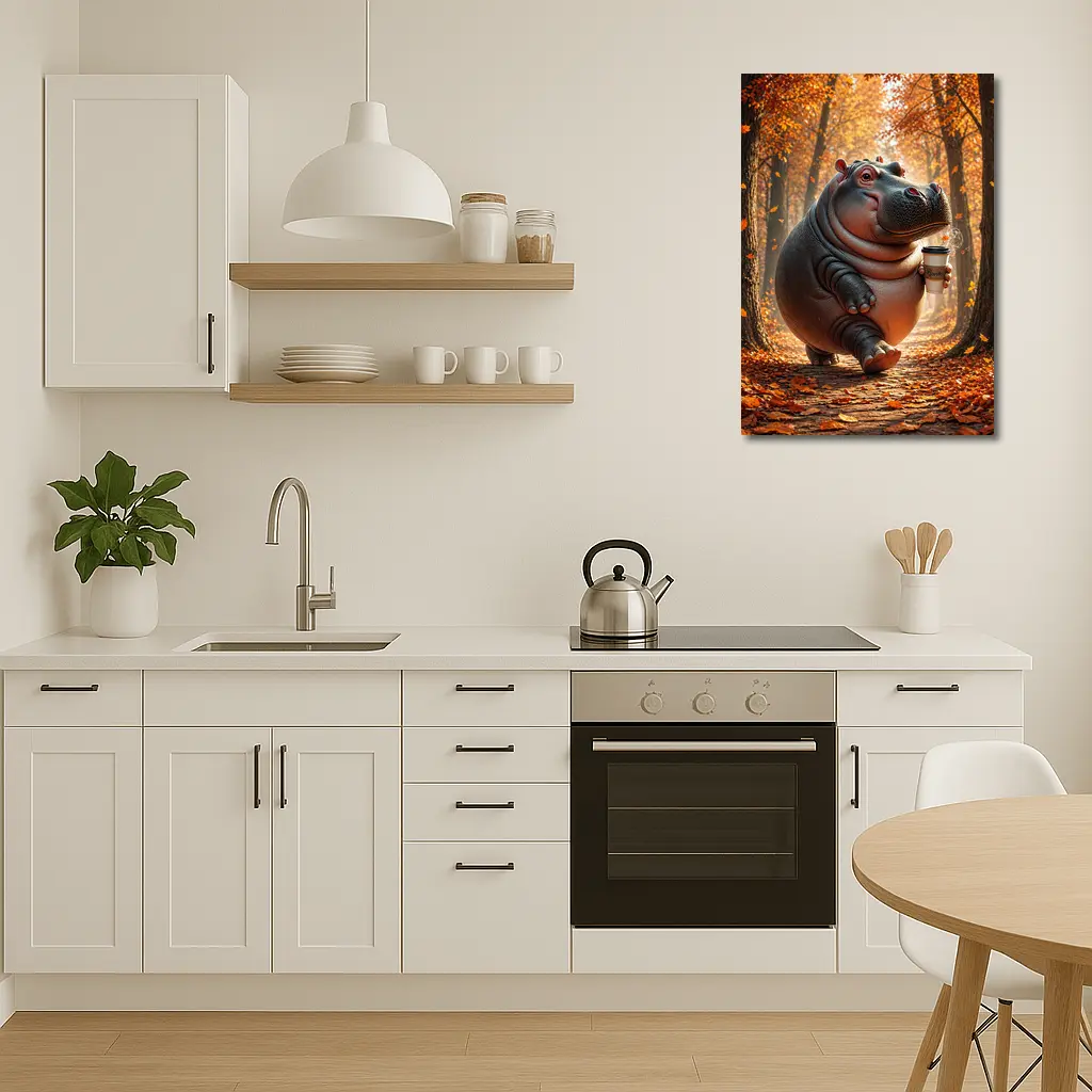 Hippo Walking With Coffee Autumn Forest – Wall Art