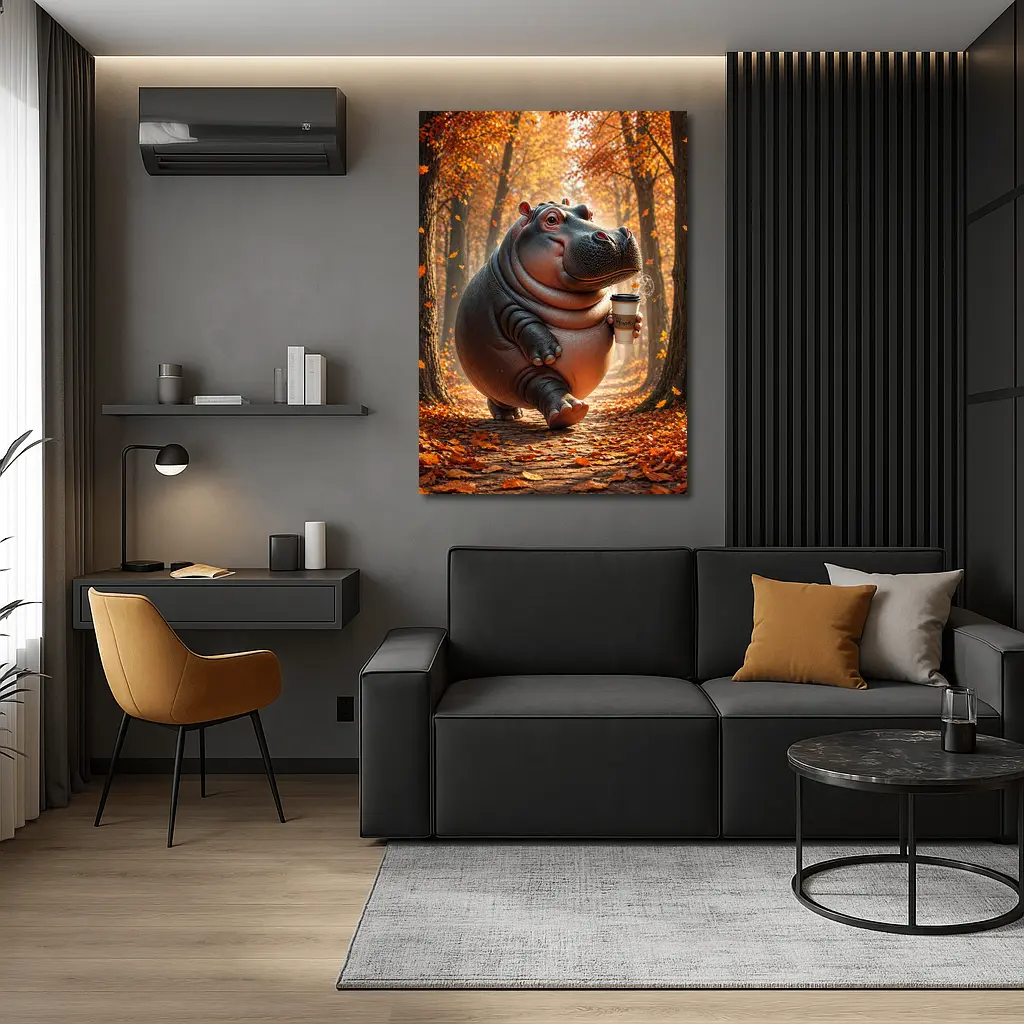 Hippo Walking With Coffee Autumn Forest – Wall Art