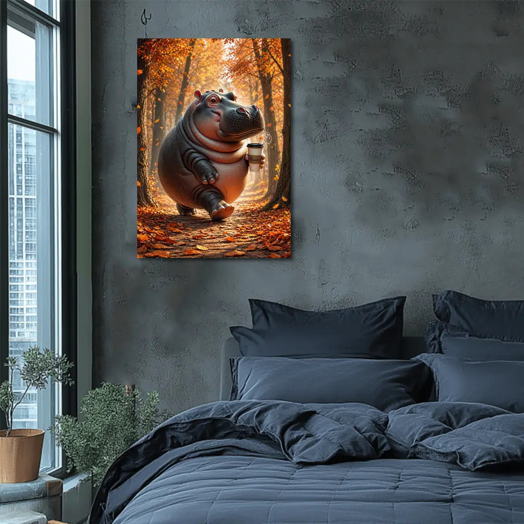Hippo Walking With Coffee Autumn Forest – Wall Art
