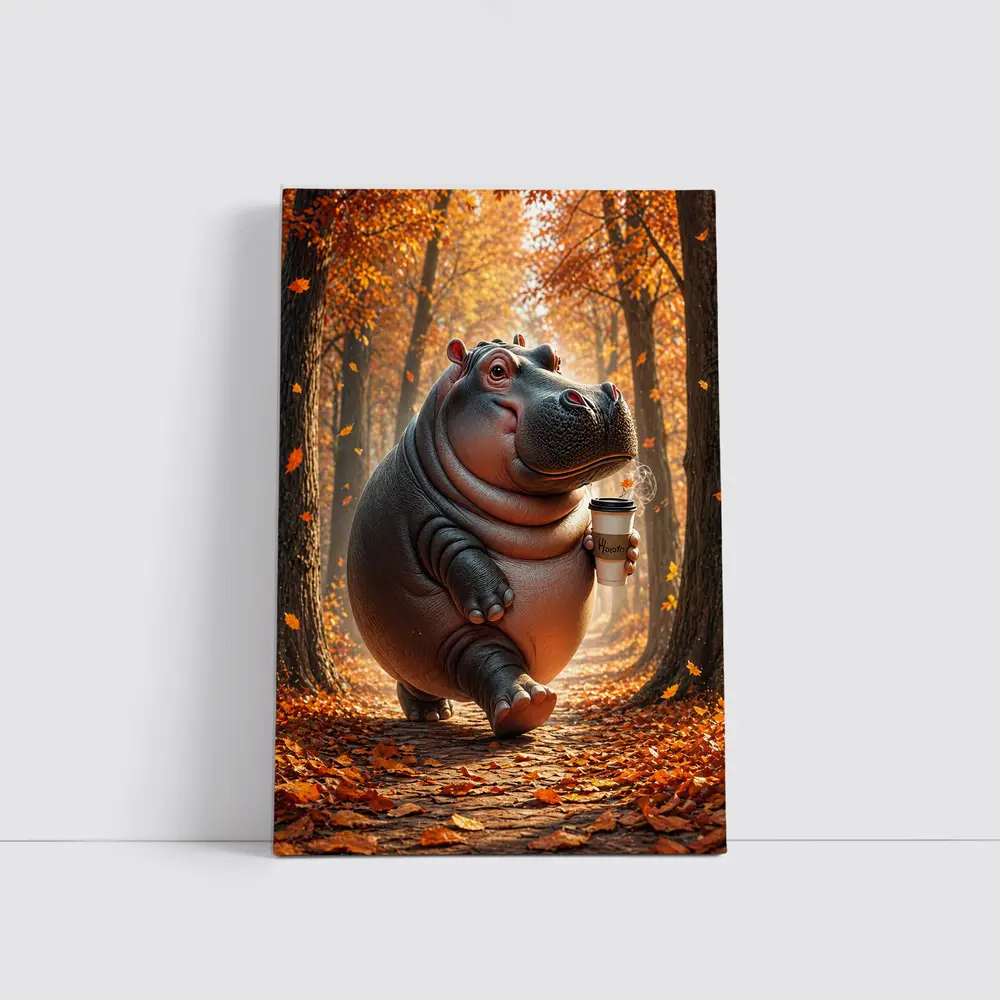 Hippo Walking With Coffee Autumn Forest – Wall Art