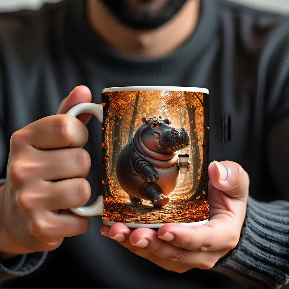 Hippo Walking With Coffee Autumn Forest – Mugs