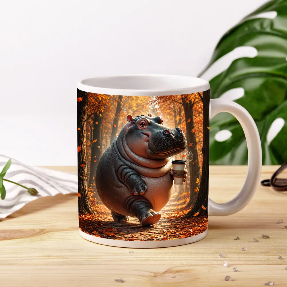 Hippo Walking With Coffee Autumn Forest – Mugs