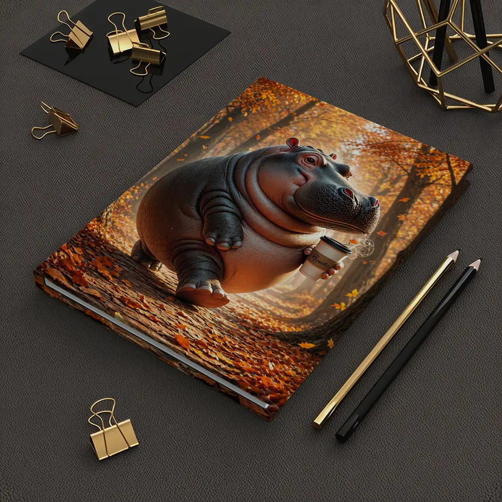 Hippo Walking With Coffee Autumn Forest – Notebooks
