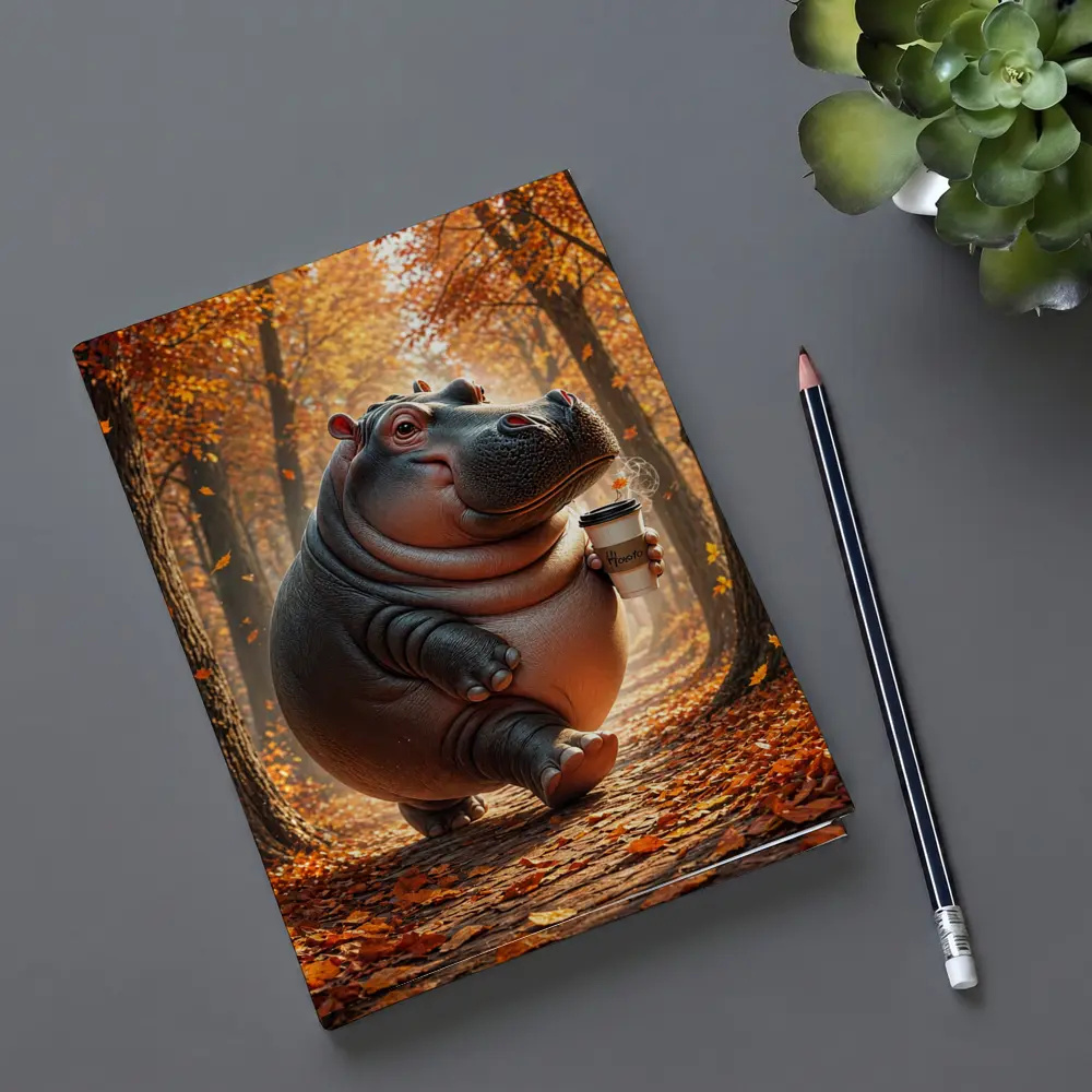Hippo Walking With Coffee Autumn Forest – Notebooks