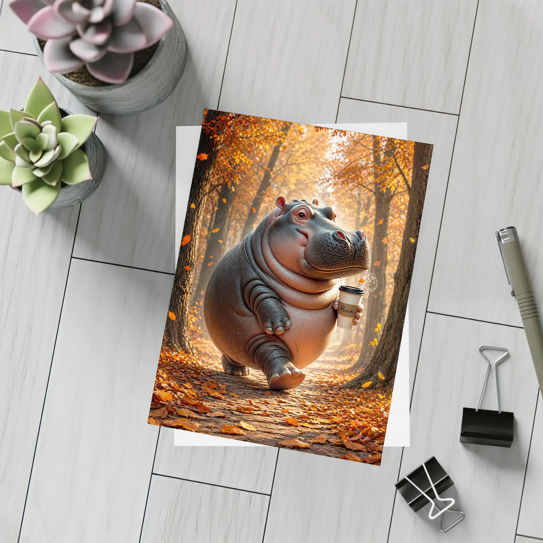 Hippo Walking With Coffee Autumn Forest – Postcards