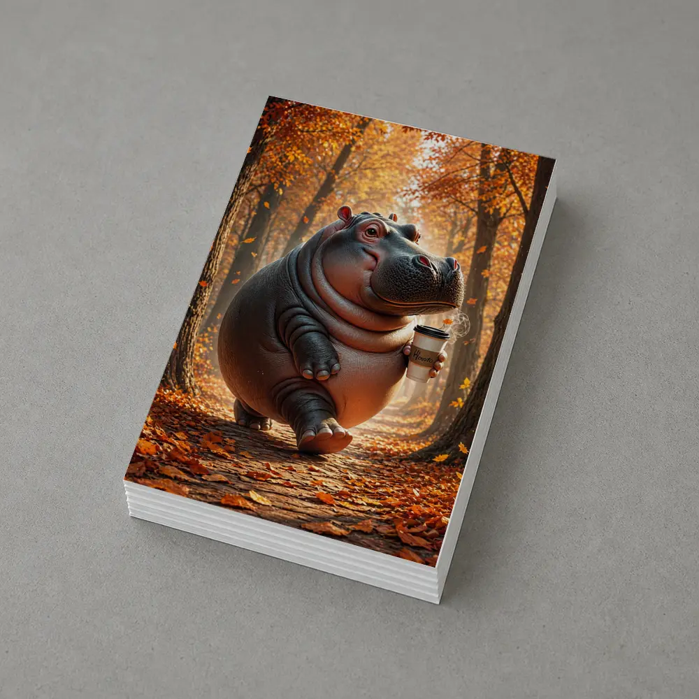 Hippo Walking With Coffee Autumn Forest – Postcards