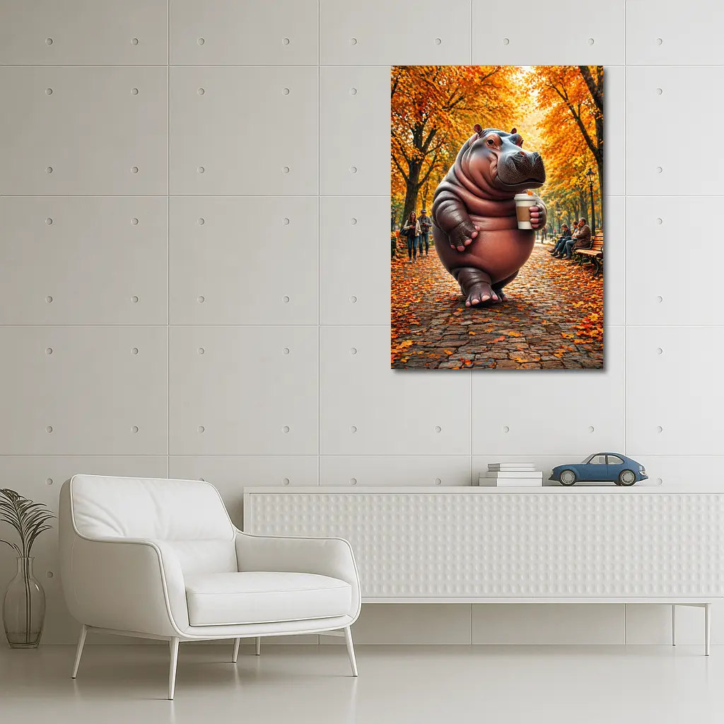 Hippo Holding Coffee Cup Autumn Park – Wall Art