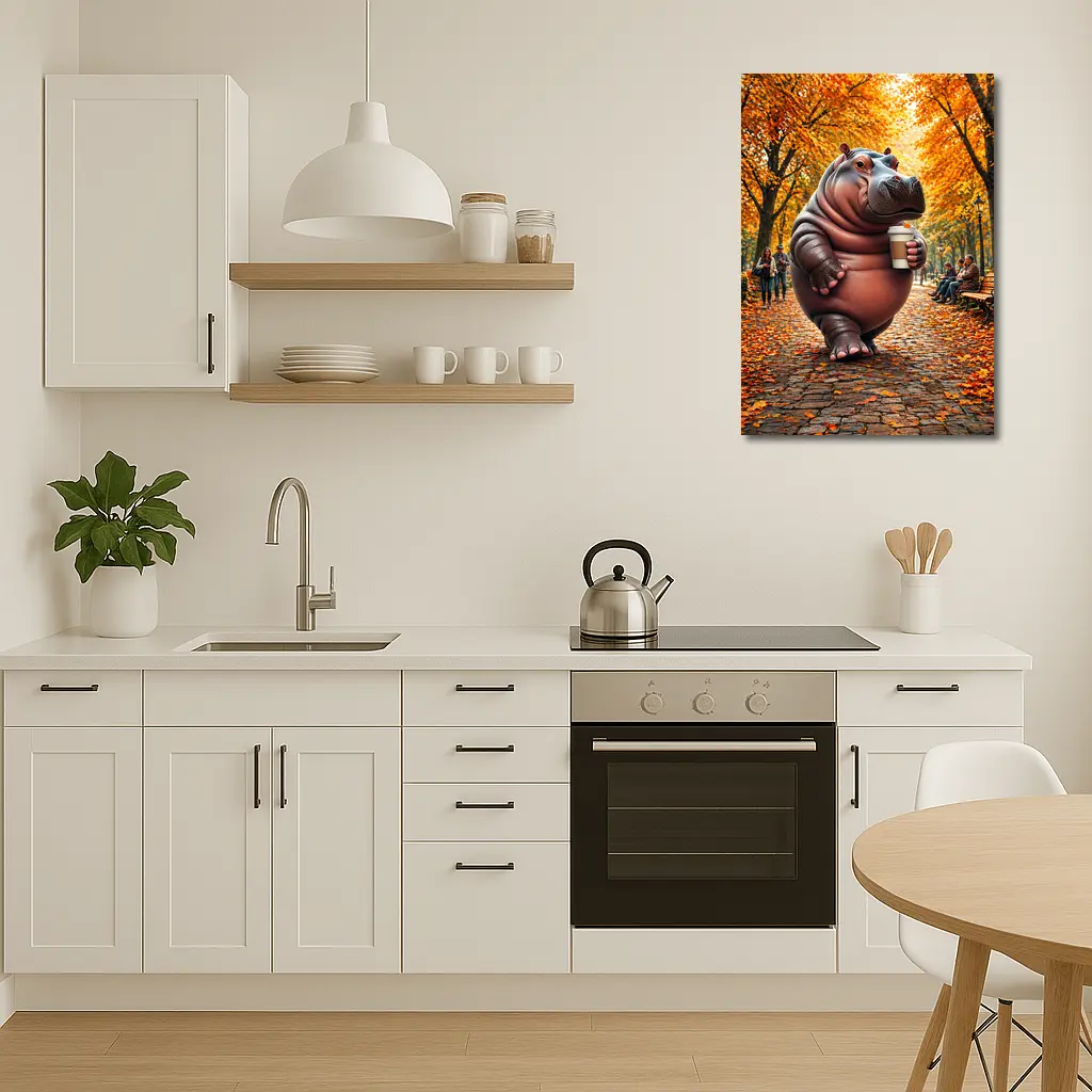 Hippo Holding Coffee Cup Autumn Park – Wall Art
