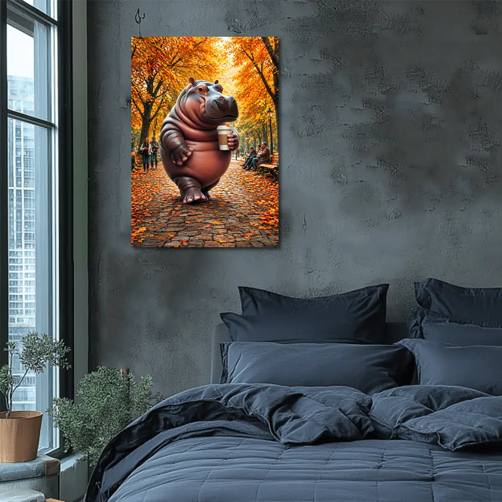 Hippo Holding Coffee Cup Autumn Park – Wall Art