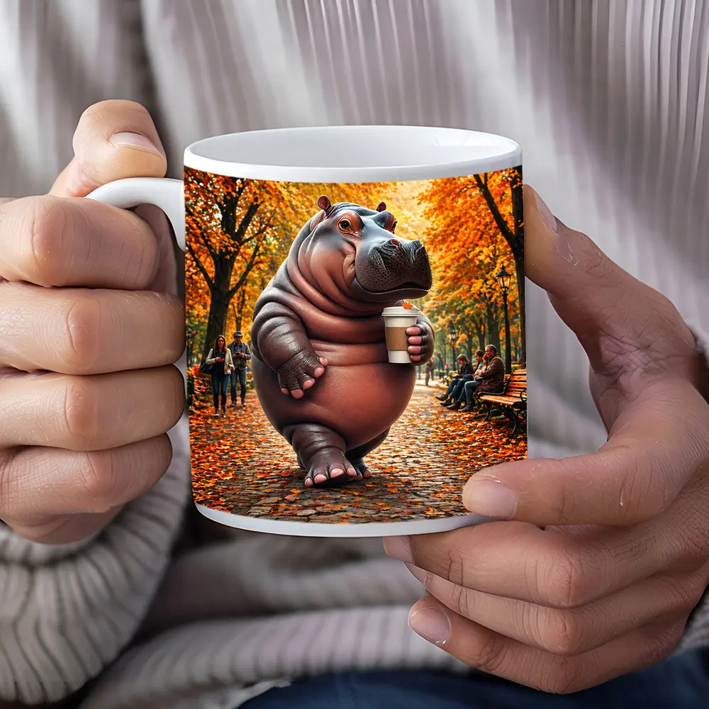 Hippo Holding Coffee Cup Autumn Park – Mugs