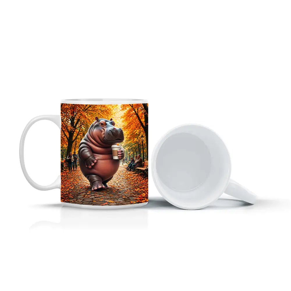 Hippo Holding Coffee Cup Autumn Park – Mugs