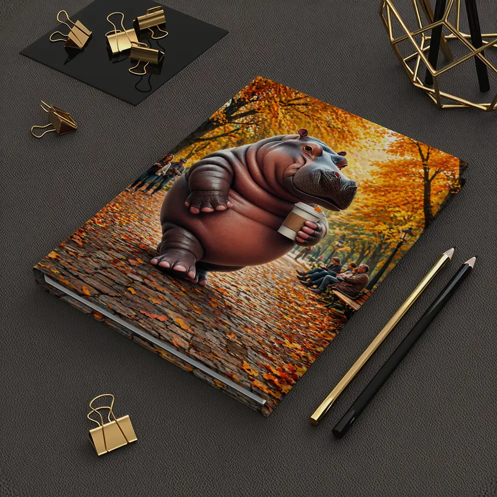 Hippo Holding Coffee Cup Autumn Park – Notebooks